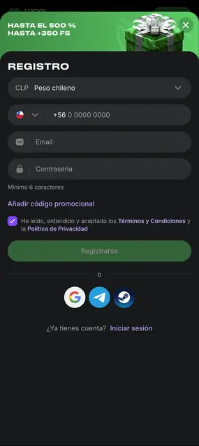Web móvil de Lucky Star, formulario de registro en pesos chilenos con prefijo +56